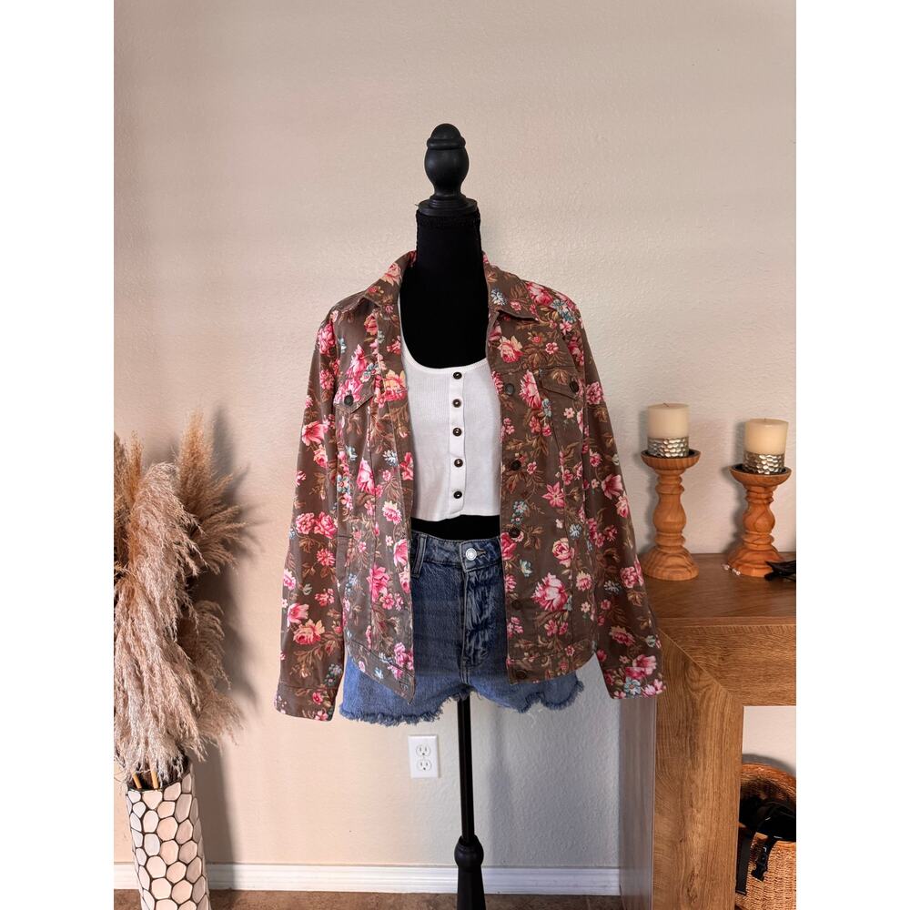 Charter Club Womens Floral Denim Trucker Jacket Large Brown Pink Stretch Cotton - Picture 7 of 8